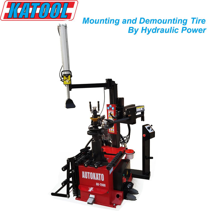 A wide shot of the red Katool Center Post Tire Changer Machine KT-T900, with two inset diagrams highlighting the hydraulic cylinder's movement and the manual operation of the turntable mounting head.