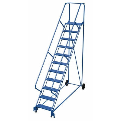 Vestil Steel Roll-A-Fold Ladder 50 Degree 11 Perforated 23-9/16 In. Step Width 350 Lb. Capacity Blue- LAD-RAF-11-24-P-EZ