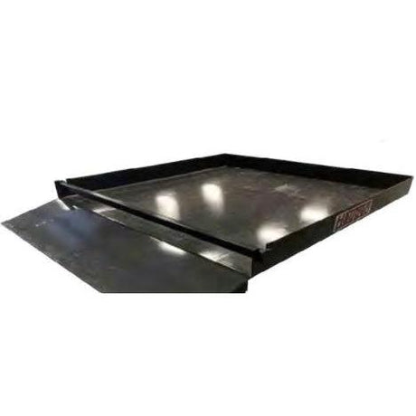 A black Haugen forklift loading box from a side angle, highlighting the shallow design of the 48" x 48" platform and ramp.