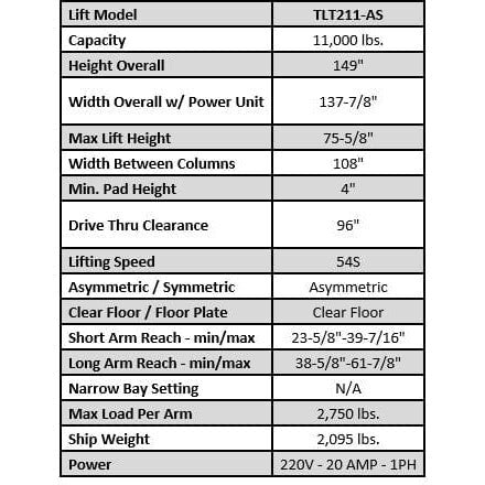 Launch Tech USA TLT211-AS 11,000 lb Clear Floor - Asymmetric - ALI Certified TLT211-AS-R