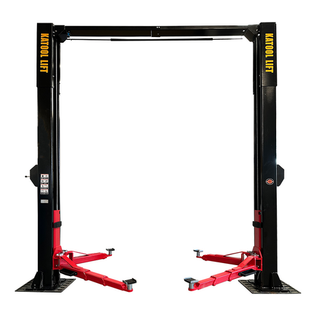 The black and red Katool KT-M150D Two Post Lift is shown in its complete symmetric form against a white background.
