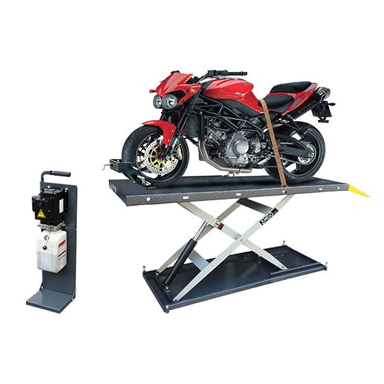 A red AMGO MC-1200 Motorcycle & ATV Lift with a black frame and a red motorcycle on the platform, showcasing its 1,200 lb lifting capacity and wide platform with multiple tie-down slots.