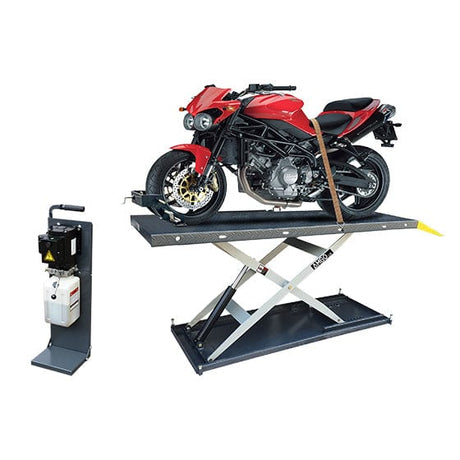 A red AMGO MC-1200 Motorcycle & ATV Lift with a black frame and a red motorcycle on the platform, showcasing its 1,200 lb lifting capacity and wide platform with multiple tie-down slots.