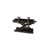 A black AMGO MC005 500kg Lifting Jack is shown on a white background, highlighting its heavy-duty steel construction and its purpose for use with motorcycle and ATV wheel removal.