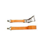 An orange AMGO Tie Kit for MC-1200 & MC-1200P is displayed on a gray surface, highlighting the kit's black metal ratchet buckles with red-and-white rope, which are used to securely tie down a vehicle on a motorcycle lift.