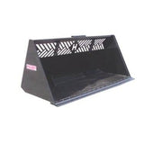 A black Mega Duty Snow Bucket for Skid-Steer Loaders with a see-through window and a high carbon cutting edge, shown at an angle in a studio shot.