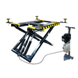 A black and yellow AMGO MR06 6,000 lbs Mid-Rise Portable Scissor Lift on a transparent background, showing its raised platform and a 110V power unit on the side.