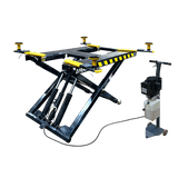 A black and yellow AMGO MR06 6,000 lbs Mid-Rise Portable Scissor Lift on a transparent background, showing its raised platform and a 110V power unit on the side.