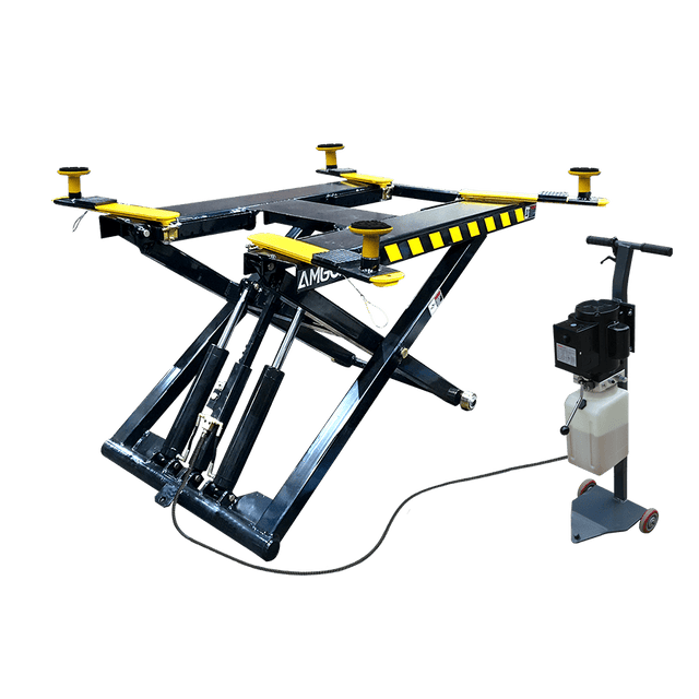 A black and yellow AMGO MR06 6,000 lbs Mid-Rise Portable Scissor Lift on a transparent background, showing its raised platform and a 110V power unit on the side.