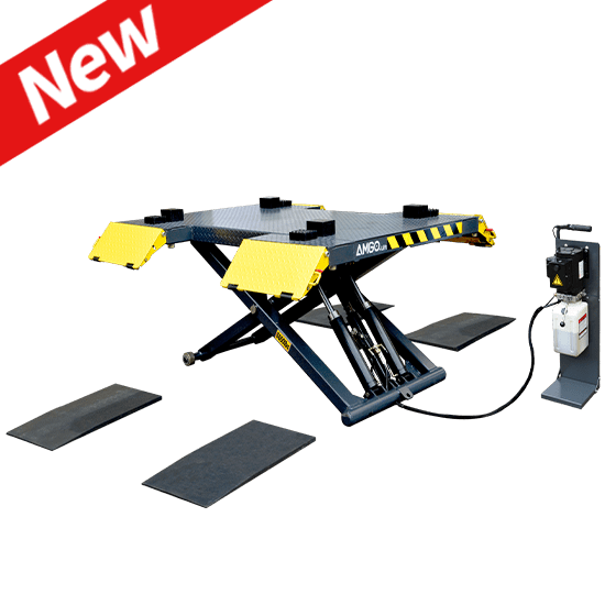 A yellow and black AMGO MRP06 Mid-Rise Scissor Lift, with a 6,000 lbs lifting capacity, is shown on a white background, highlighting its non-skid platform and power unit stand.