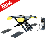 A yellow and black AMGO MRP06 Mid-Rise Scissor Lift, with a 6,000 lbs lifting capacity, is shown on a white background, highlighting its non-skid platform and power unit stand.