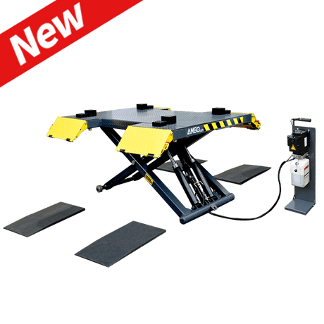A yellow and black AMGO MRP06 Mid-Rise Scissor Lift, with a 6,000 lbs lifting capacity, is shown on a white background, highlighting its non-skid platform and power unit stand.