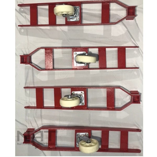 Four individual red metal caster frames with white wheels, laid out in a row on a white background. Each frame has a pivot point and is designed to move the NOS9000XLT lift.