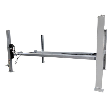 A side view of the Triumph NSS-11 four-post lift, showing the hydraulic motor and hose connected to the lift.