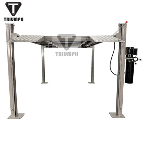 The Triumph NSS-8Classic four-post lift is shown with its runways elevated. The lift has a light gray powder-coated finish.