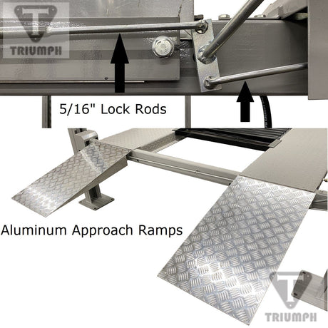 A close-up view of the diamond plate aluminum approach ramps for the NSS-8 Four-Post Lift. The image includes text overlays indicating "5/16" Lock Rods" and "Aluminum Approach Ramps."