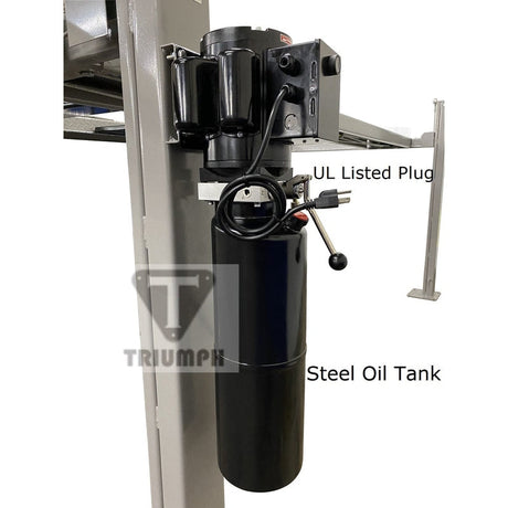 A close-up view of the NSS-8's power unit, a black hydraulic cylinder with a red lever and an overlay text of "UL Listed Plug" and "Steel Oil Tank." The power unit is attached to one of the lift posts.