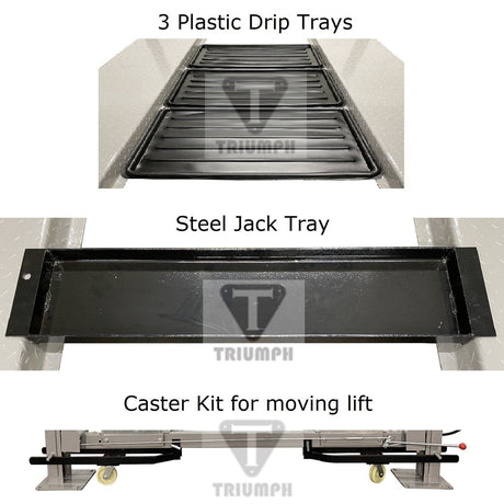 A top-down view of the accessories for the NSS-8 lift, including three black plastic drip trays, a steel jack tray, and a caster kit with text overlays labeling each item.