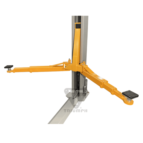 A detailed shot of the yellow asymmetric lifting arm on the Triumph NT-11 two-post lift.