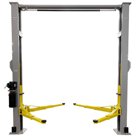 A close-up of the yellow three-stage arms of the Triumph NTO-10A lift, showing the included truck adapters.