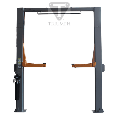 A direct front view of the Triumph NTO-15 15,000 lb Two Post Auto Lift, with the two orange lift arms raised and retracted. The lift's grey structural posts are visible, along with the overhead beam connecting them.