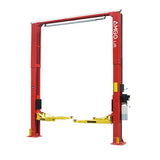 A red AMGO OH-12S 12,000 lbs two-post lift with yellow lifting arms and a clearfloor design, showcasing its compact, low-ceiling profile.