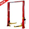 The AMGO OH-18 Two-Post Lift in red with a yellow overhead beam and arms, designed for heavy-duty lifting, shown against a transparent background.