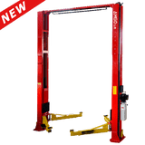 The AMGO OH-18 Two-Post Lift in red with a yellow overhead beam and arms, designed for heavy-duty lifting, shown against a transparent background.