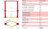A specifications sheet for the AMGO OH-18 lift, detailing key measurements, lifting capacity of 18,000 lbs, motor horsepower, and container quantity.