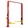 A red AMGO OHX-10H 10,000 lbs Overhead Two-Post Lift with yellow arms, featuring a clearfloor design and a red overhead bar, on a transparent background.