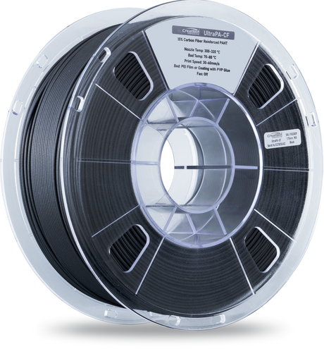 A detailed close-up of a CreatBot UltraPA-CF 3D printer filament spool in black, showcasing the textured carbon fiber reinforced material.