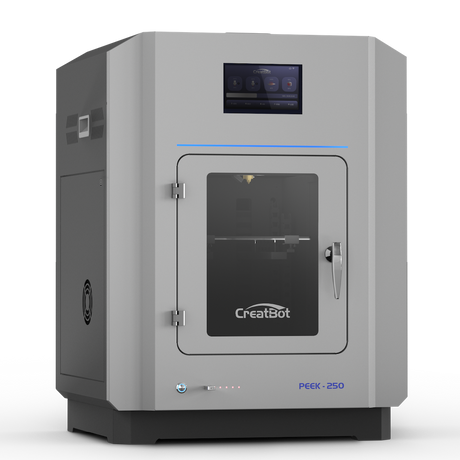 CreatBot PEEK-250 3D printer viewed from an angled front perspective, displaying the machine's full enclosed structure, the prominent handle on the front door, and the side panel with air vents.
