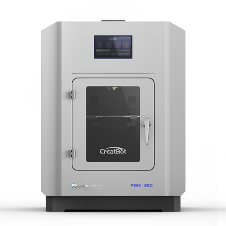 CreatBot PEEK-250 3D printer seen from the front, highlighting the clean, minimalist design and the precise alignment of the main components, including the front door and control screen.