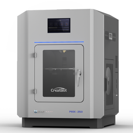 CreatBot PEEK-250 3D printer viewed from the front, showcasing the touch screen control panel, front door, and a glimpse of the internal build chamber.