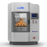  CreatBot PEEK-300 high-performance 3D printer, with a brown, sculpted part visible inside the clear, enclosed chamber. The user interface screen and "PEEK-300" text are visible on the front.