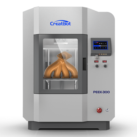  CreatBot PEEK-300 high-performance 3D printer, with a brown, sculpted part visible inside the clear, enclosed chamber. The user interface screen and "PEEK-300" text are visible on the front.