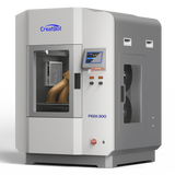 CreatBot PEEK-300 high-performance 3D printer viewed from an angled perspective, showing the side panel, front doors, and the internal components, with a printed part clearly visible inside.
