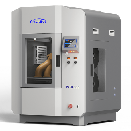 CreatBot PEEK-300 high-performance 3D printer viewed from an angled perspective, showing the side panel, front doors, and the internal components, with a printed part clearly visible inside.