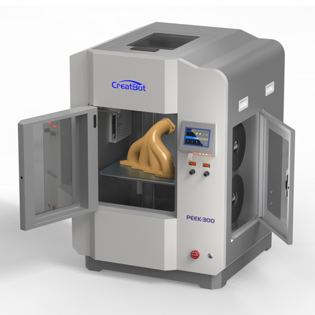 CreatBot PEEK-300 high-performance 3D printer with its front doors open, providing a full view of the interior and the printed part on the build plate.