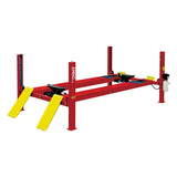 A red AMGO PRO-12A 4-Post Lift with yellow ramps and a diamond platform is shown on a white background, highlighting its 12,000 lbs lifting capacity for cars, trucks, and SUVs.