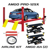 A black and yellow AMGO PRO-12SX 4-Post Lift with a J6A Jacking Beam installed, shown with a red truck on the lift and an 87-inch tall man standing beneath it.