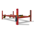 A red AMGO PRO-30E Heavy-Duty 4-Post Lift with its platforms elevated, viewed from an angle that highlights its sturdy construction, single-post hydraulic pump, and extended length.
