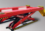 A red AMGO Large Scissor Lift with yellow ramps and an LED light kit attached underneath the lift, showcasing the bright, energy-efficient lighting solution.