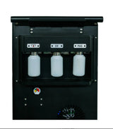 A three-quarter front view of the Katool R-1234YF Recovery & Recharge Machine, showcasing its dual-toned white and gray body, large wheels, and the front panel with its screen and gauges.