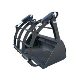 A black Haugen's Round Bale Grapple, showing the bucket and curved tips, in a three-quarter view against a white background.