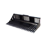 A black Haugen Skeleton Rock Bucket for Skid Steer, featuring heavy-duty tines and a serrated front edge, shown on a white background.