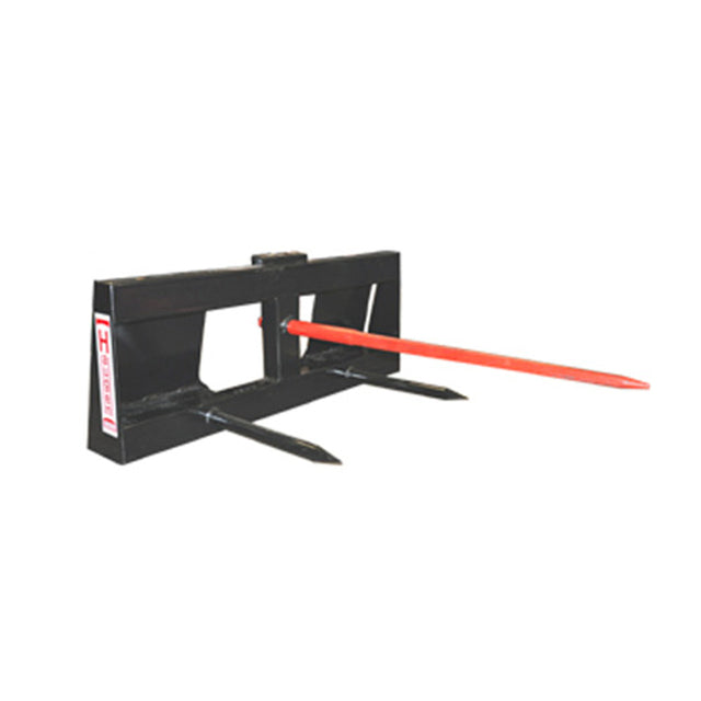 A black and red Haugen Round Bale Spear with one main forged tine and two stabilizing tines, shown on a white background.