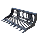 A black rod bucket for a skid steer with a replaceable tooth bar, wide-spaced tines, and a curved, grated top frame for sifting rocks and debris.