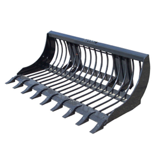 A black rod bucket for a skid steer with a replaceable tooth bar, wide-spaced tines, and a curved, grated top frame for sifting rocks and debris.