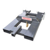 A gray Fork Mounted Trailer Spotter with a 2" receiver hitch and a swivel hook, designed to fit forklift tines up to 3.5" x 7.5", shown at an angle.